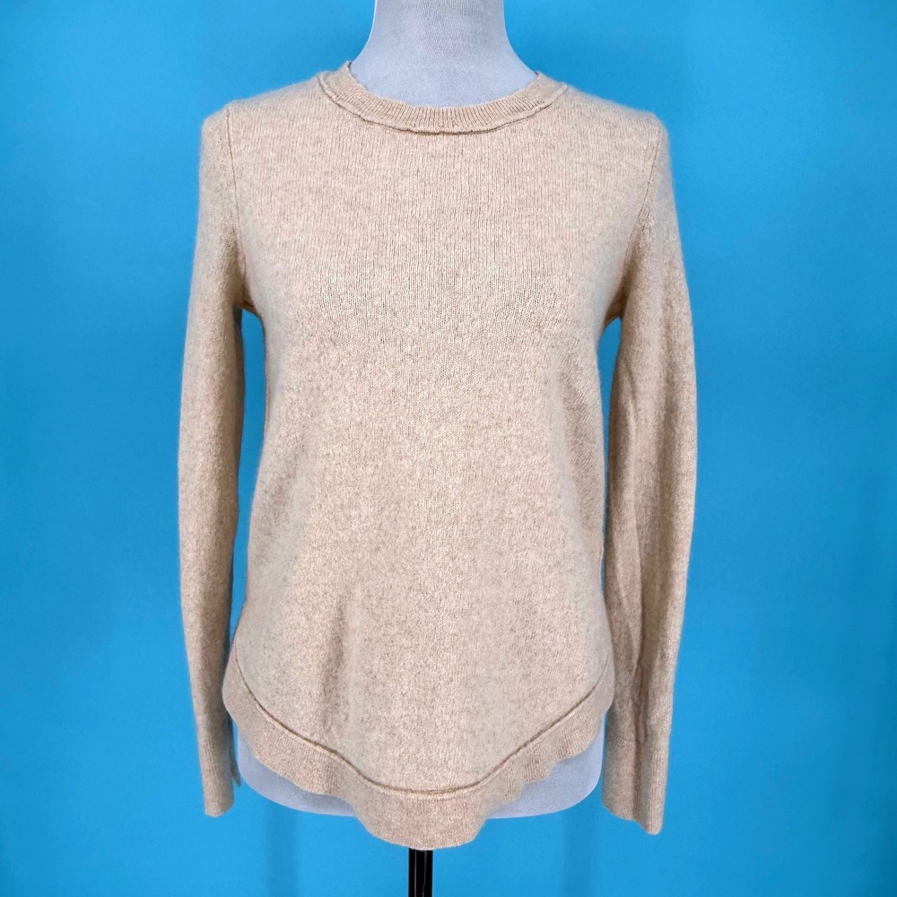 White + Warren 100% Cashmere Crewneck Sweater Beige Oatmeal Grey Stripe‎ Medium